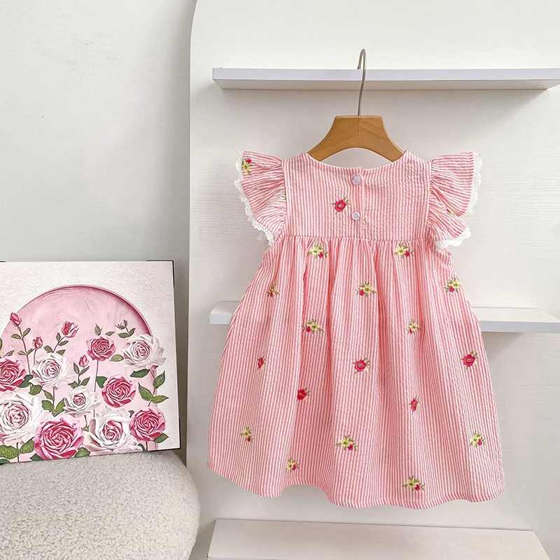 2026 Summer 0-24M Baby Girl Flying Sleeve Cotton Embroidery Baby Bodysuit 2-6Yrs Kids Sweet Party Frock Dresses Sister Clothing