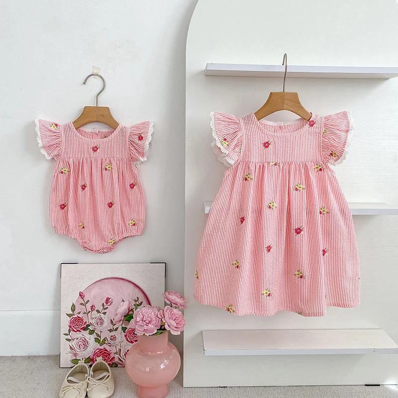 2026 Summer 0-24M Baby Girl Flying Sleeve Cotton Embroidery Baby Bodysuit 2-6Yrs Kids Sweet Party Frock Dresses Sister Clothing