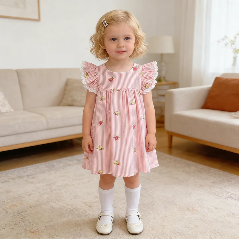 2026 Summer 0-24M Baby Girl Flying Sleeve Cotton Embroidery Baby Bodysuit 2-6Yrs Kids Sweet Party Frock Dresses Sister Clothing