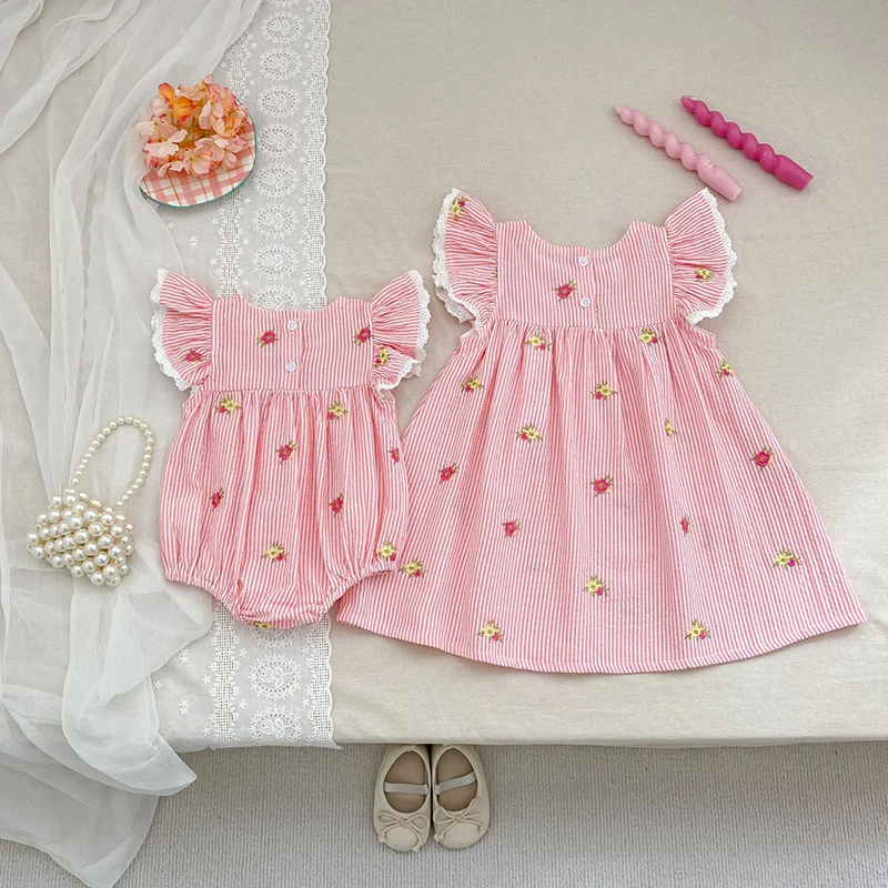 2026 Summer 0-24M Baby Girl Flying Sleeve Cotton Embroidery Baby Bodysuit 2-6Yrs Kids Sweet Party Frock Dresses Sister Clothing