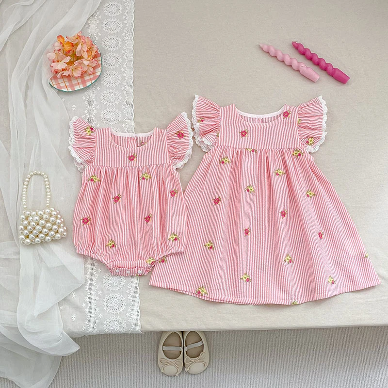 2026 Summer 0-24M Baby Girl Flying Sleeve Cotton Embroidery Baby Bodysuit 2-6Yrs Kids Sweet Party Frock Dresses Sister Clothing
