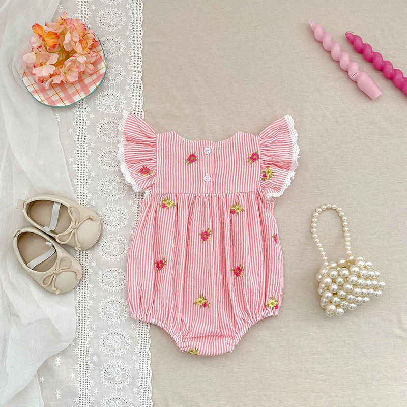 2026 Summer 0-24M Baby Girl Flying Sleeve Cotton Embroidery Baby Bodysuit 2-6Yrs Kids Sweet Party Frock Dresses Sister Clothing