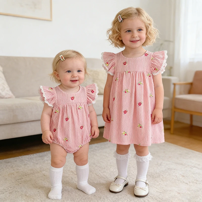 2026 Summer 0-24M Baby Girl Flying Sleeve Cotton Embroidery Baby Bodysuit 2-6Yrs Kids Sweet Party Frock Dresses Sister Clothing