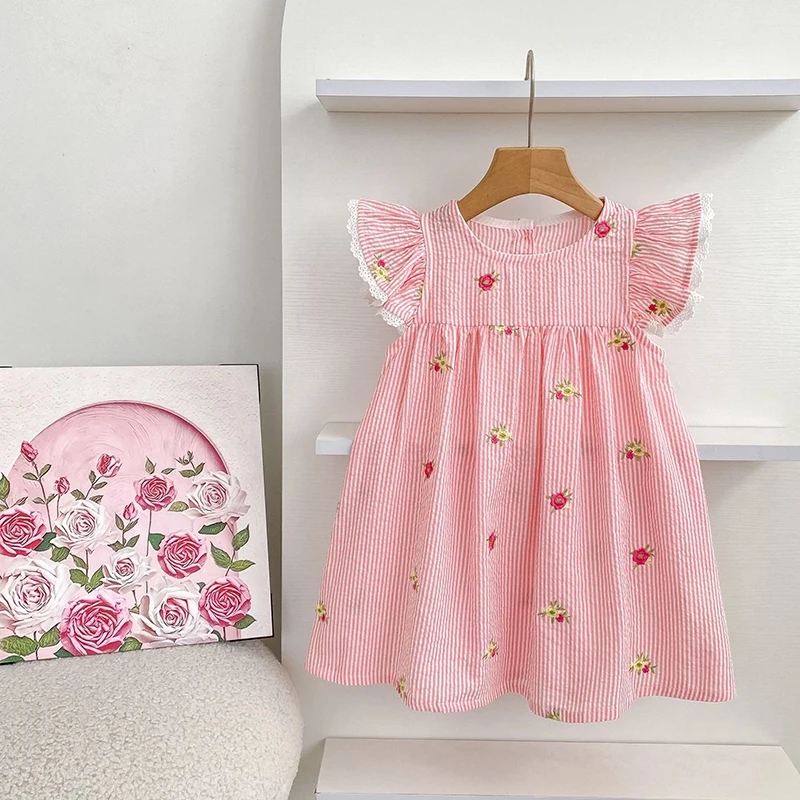 2026 Summer 0-24M Baby Girl Flying Sleeve Cotton Embroidery Baby Bodysuit 2-6Yrs Kids Sweet Party Frock Dresses Sister Clothing