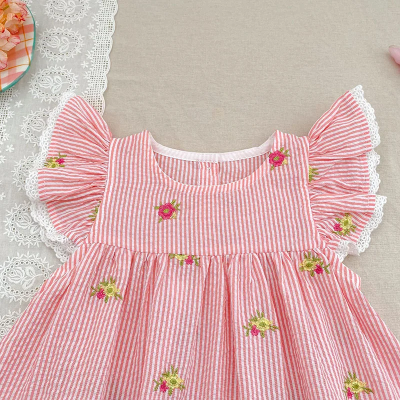 2026 Summer 0-24M Baby Girl Flying Sleeve Cotton Embroidery Baby Bodysuit 2-6Yrs Kids Sweet Party Frock Dresses Sister Clothing