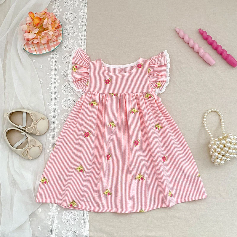 2026 Summer 0-24M Baby Girl Flying Sleeve Cotton Embroidery Baby Bodysuit 2-6Yrs Kids Sweet Party Frock Dresses Sister Clothing