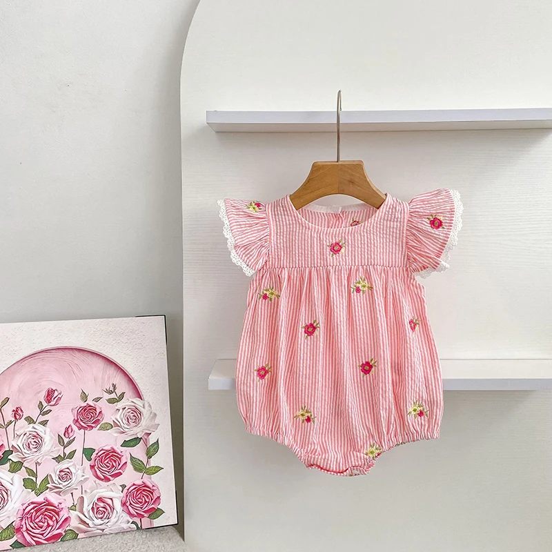 2026 Summer 0-24M Baby Girl Flying Sleeve Cotton Embroidery Baby Bodysuit 2-6Yrs Kids Sweet Party Frock Dresses Sister Clothing