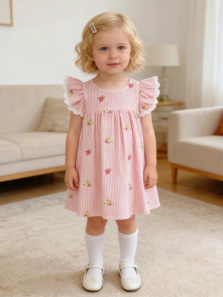 2026 Summer 0-24M Baby Girl Flying Sleeve Cotton Embroidery Baby Bodysuit 2-6Yrs Kids Sweet Party Frock Dresses Sister Clothing