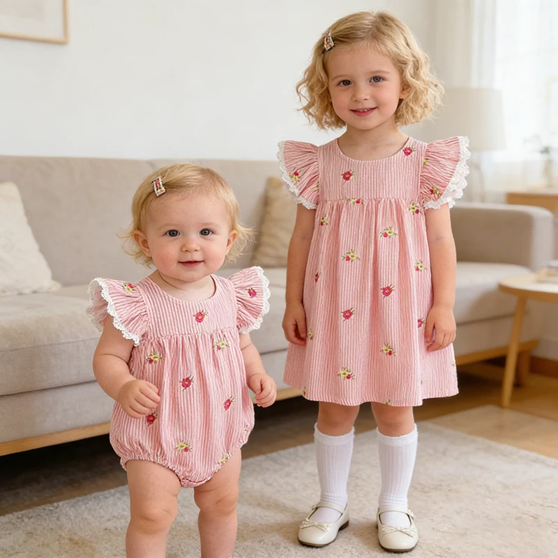 2026 Summer 0-24M Baby Girl Flying Sleeve Cotton Embroidery Baby Bodysuit 2-6Yrs Kids Sweet Party Frock Dresses Sister Clothing