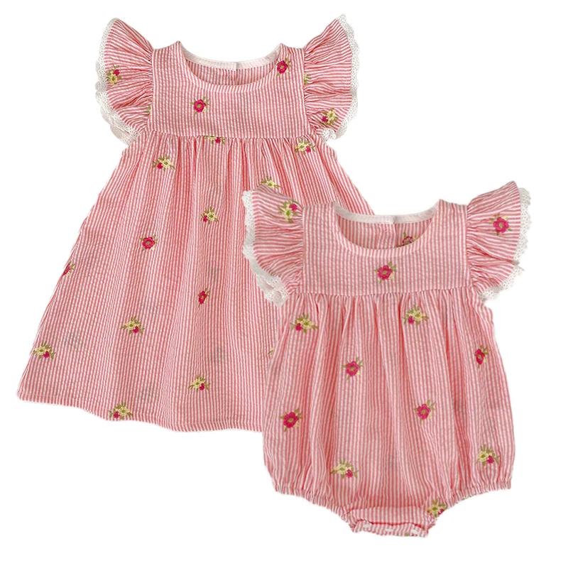 2026 Summer 0-24M Baby Girl Flying Sleeve Cotton Embroidery Baby Bodysuit 2-6Yrs Kids Sweet Party Frock Dresses Sister Clothing