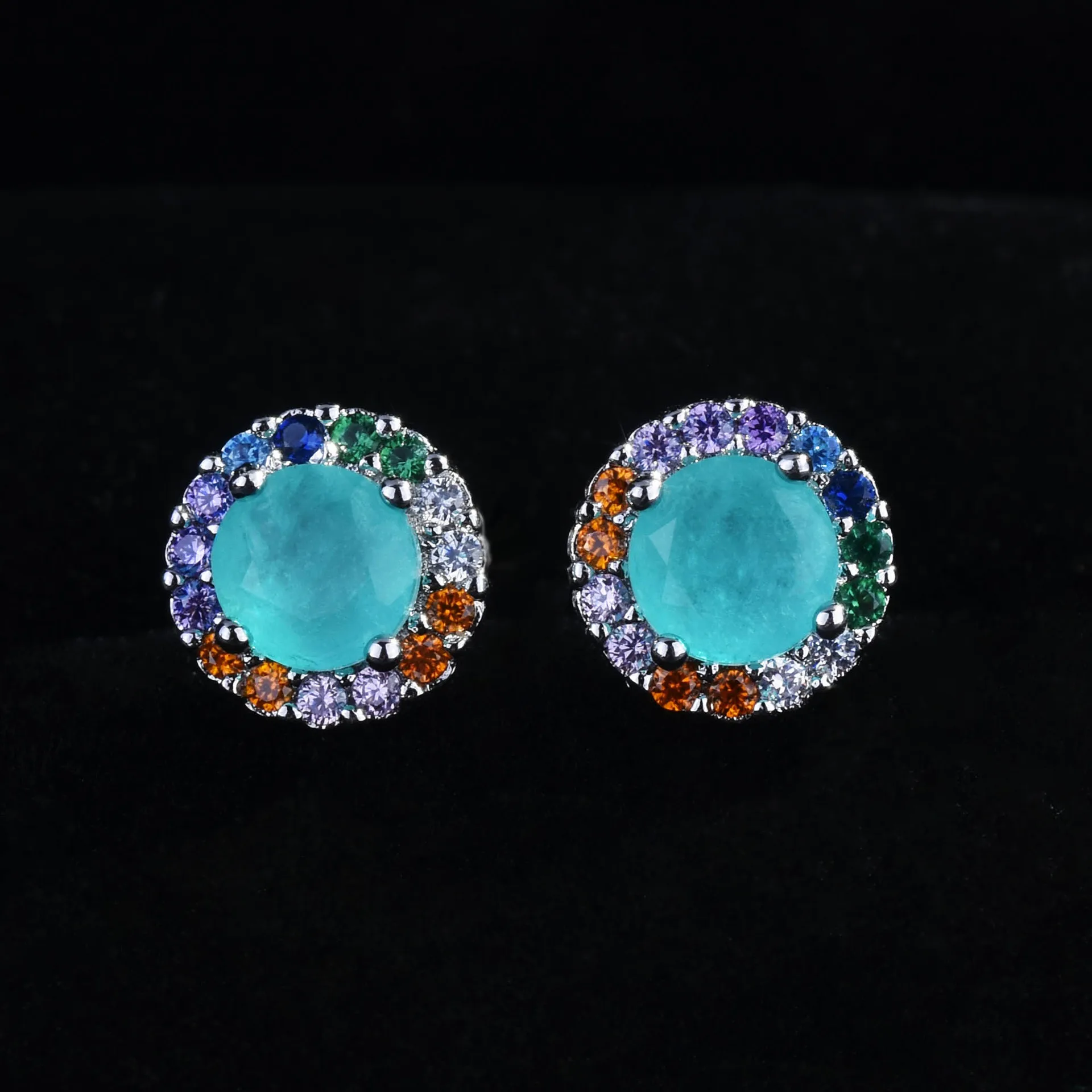Women's Fashionable Silver Round Stud Earrings with Colorful Zirconia Wedding Souvenir Anniversary Jewelry