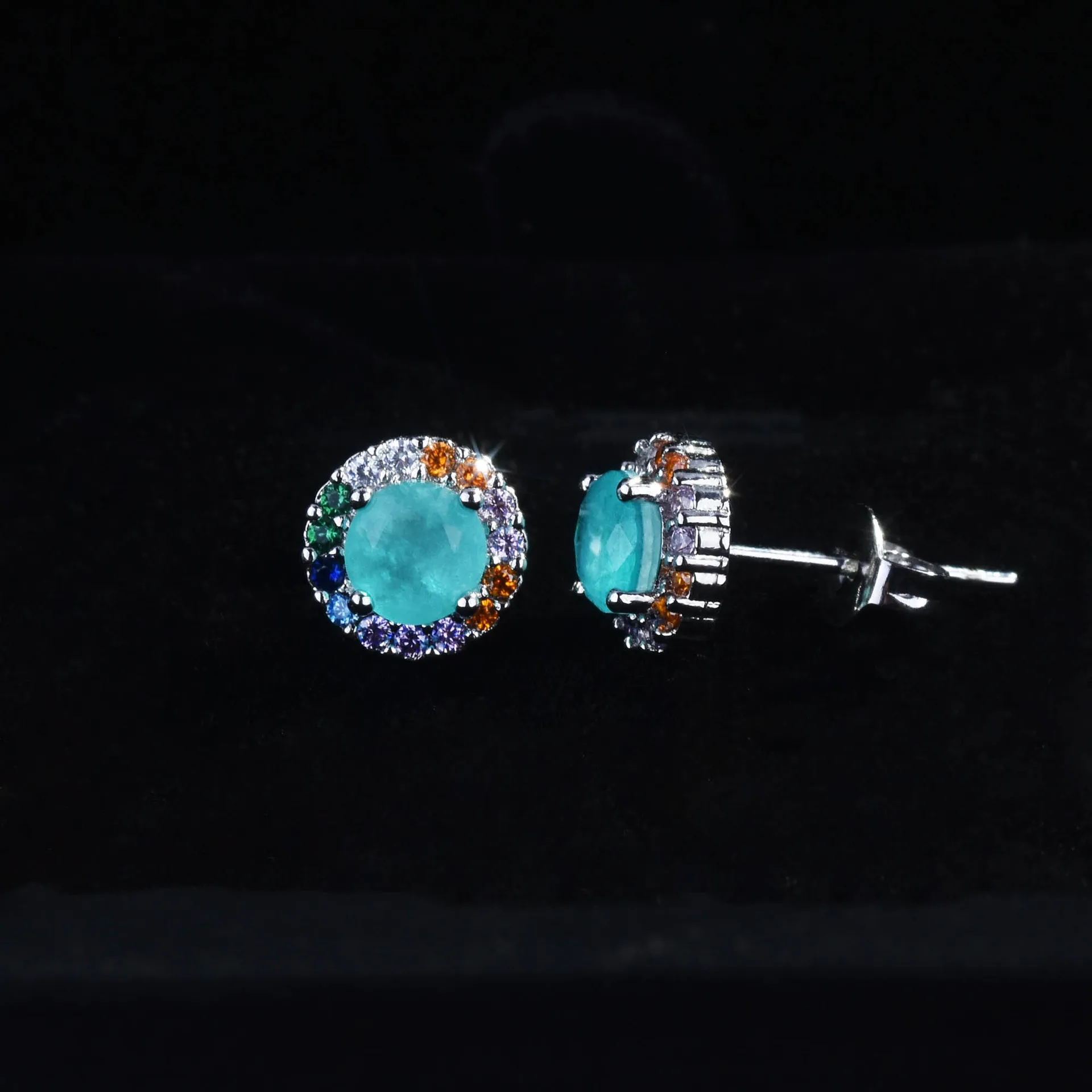 Women's Fashionable Silver Round Stud Earrings with Colorful Zirconia Wedding Souvenir Anniversary Jewelry