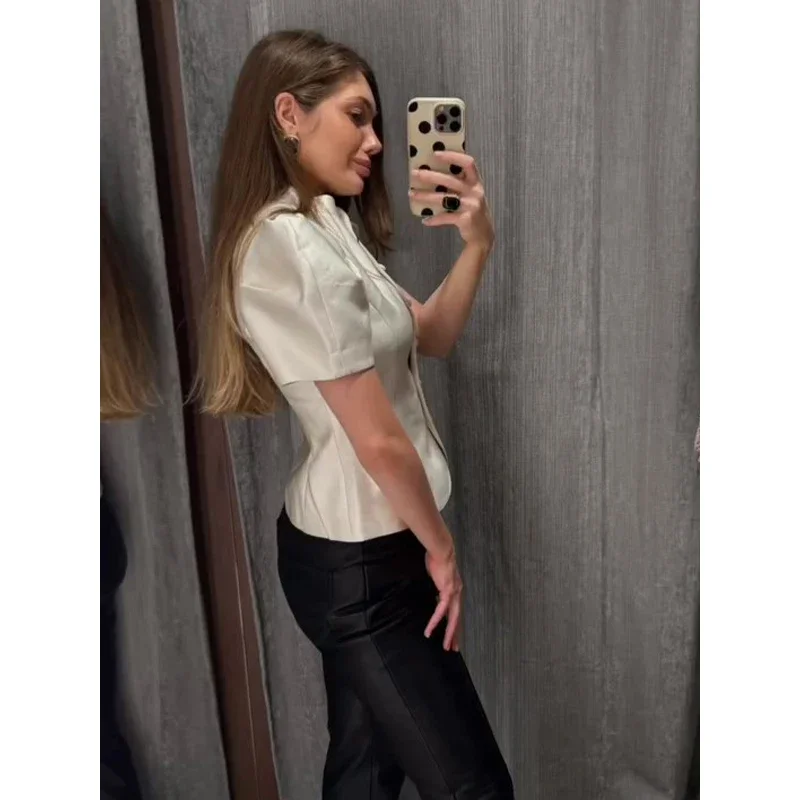 Elegant White Lantern Sleeve Shirt Women's Sexy Solid Stand Collar High Waist Slim Shirts 2026 New Lady Tops Commute Outerwears