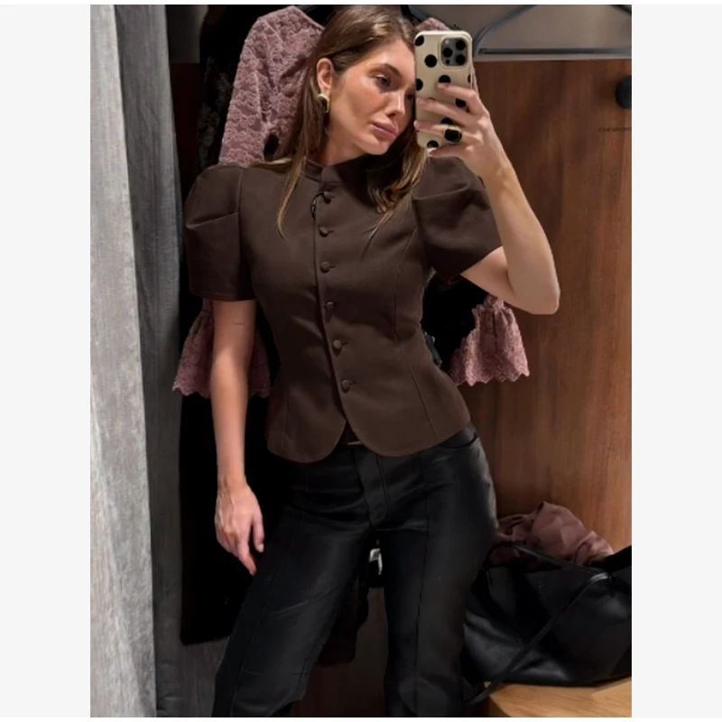 Elegant White Lantern Sleeve Shirt Women's Sexy Solid Stand Collar High Waist Slim Shirts 2026 New Lady Tops Commute Outerwears