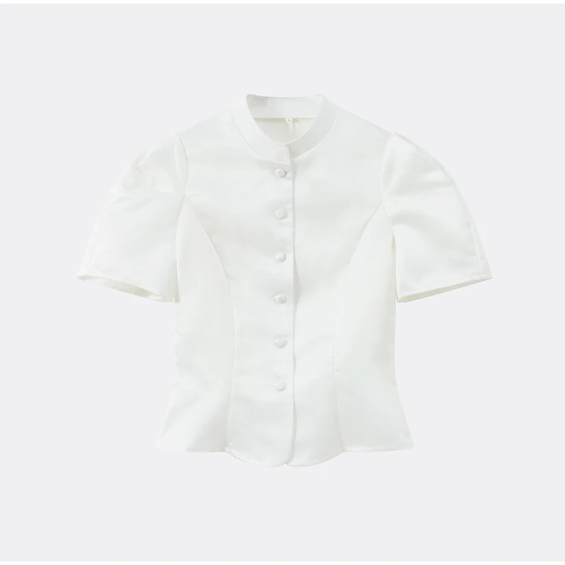 Elegant White Lantern Sleeve Shirt Women's Sexy Solid Stand Collar High Waist Slim Shirts 2026 New Lady Tops Commute Outerwears