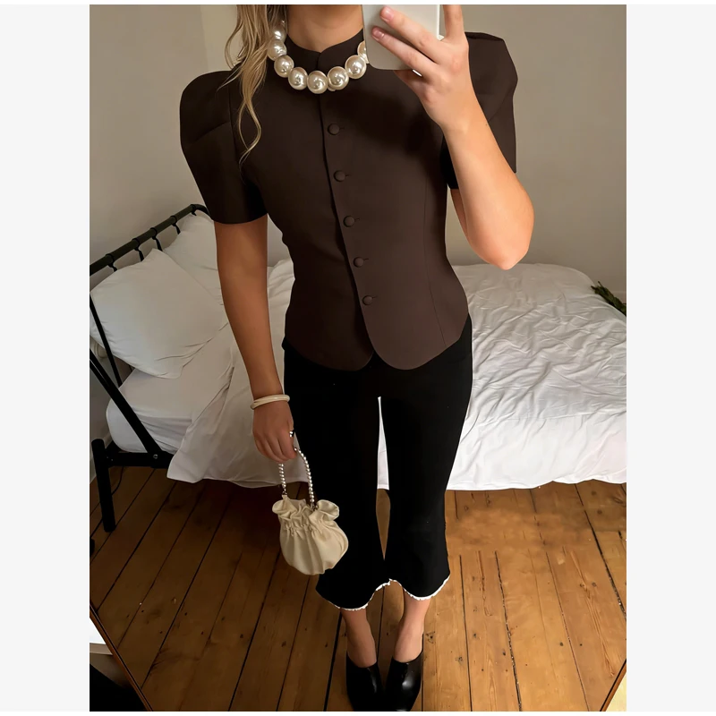 Elegant White Lantern Sleeve Shirt Women's Sexy Solid Stand Collar High Waist Slim Shirts 2026 New Lady Tops Commute Outerwears