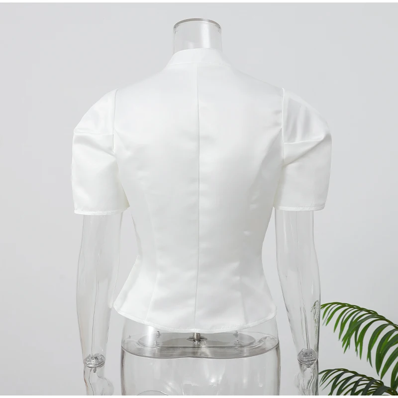 Elegant White Lantern Sleeve Shirt Women's Sexy Solid Stand Collar High Waist Slim Shirts 2026 New Lady Tops Commute Outerwears