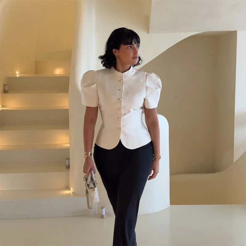 Elegant White Lantern Sleeve Shirt Women's Sexy Solid Stand Collar High Waist Slim Shirts 2026 New Lady Tops Commute Outerwears