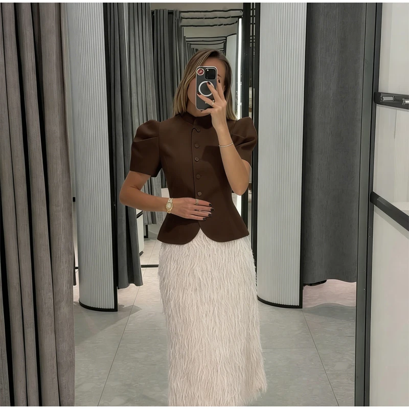 Elegant White Lantern Sleeve Shirt Women's Sexy Solid Stand Collar High Waist Slim Shirts 2026 New Lady Tops Commute Outerwears