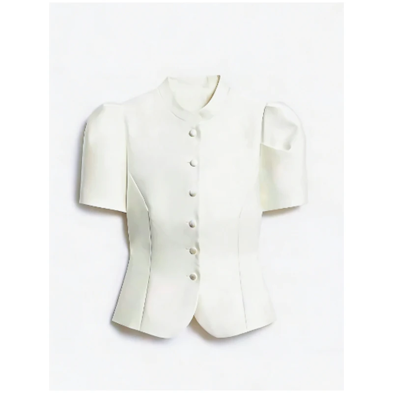 Elegant White Lantern Sleeve Shirt Women's Sexy Solid Stand Collar High Waist Slim Shirts 2026 New Lady Tops Commute Outerwears