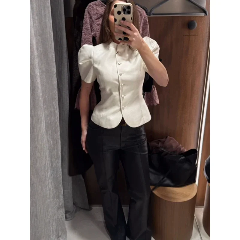 Elegant White Lantern Sleeve Shirt Women's Sexy Solid Stand Collar High Waist Slim Shirts 2026 New Lady Tops Commute Outerwears