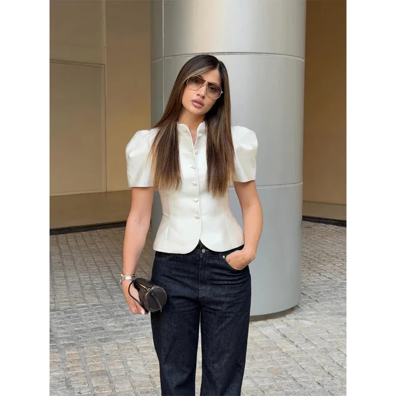 Elegant White Lantern Sleeve Shirt Women's Sexy Solid Stand Collar High Waist Slim Shirts 2026 New Lady Tops Commute Outerwears