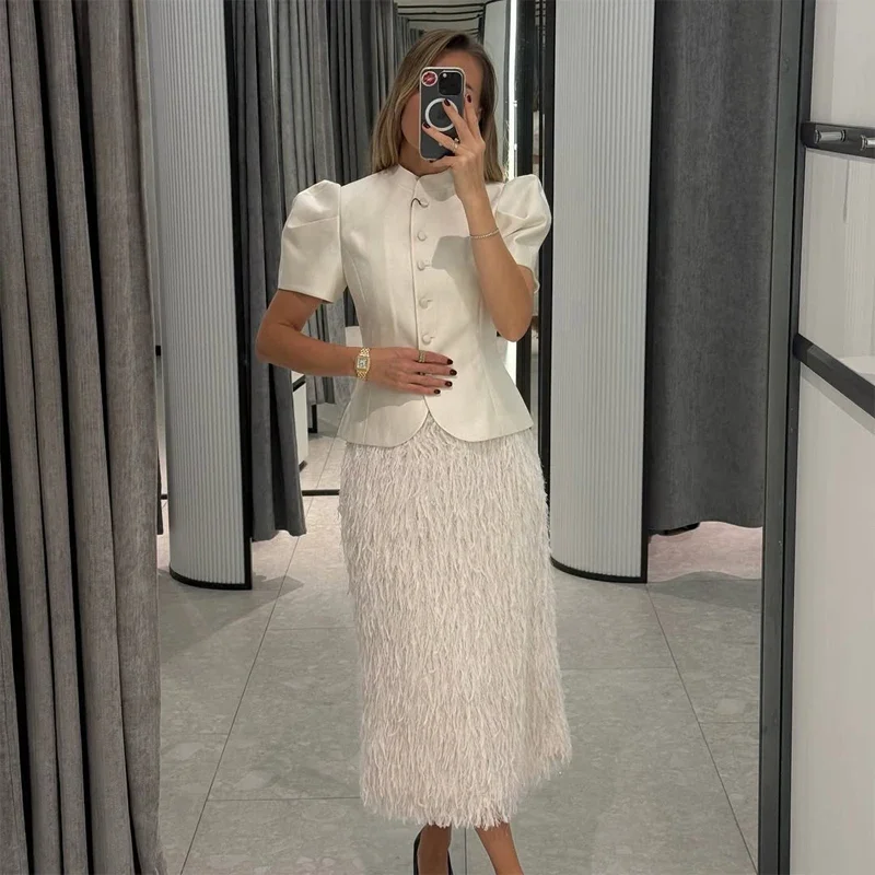 Elegant White Lantern Sleeve Shirt Women's Sexy Solid Stand Collar High Waist Slim Shirts 2026 New Lady Tops Commute Outerwears