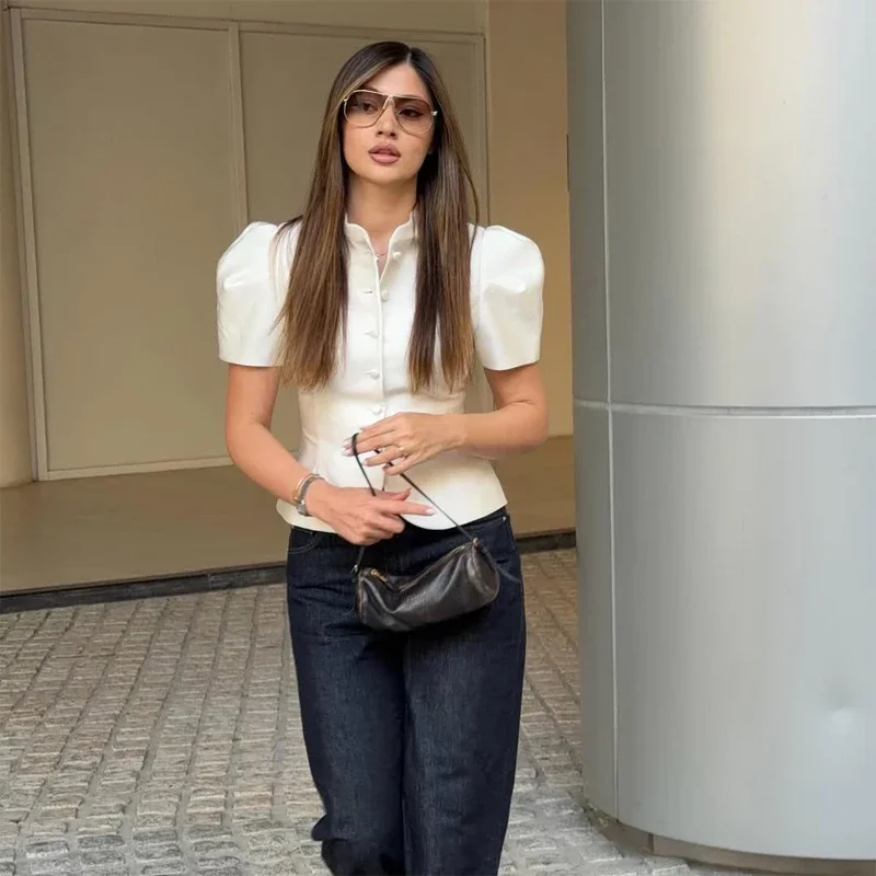 Elegant White Lantern Sleeve Shirt Women's Sexy Solid Stand Collar High Waist Slim Shirts 2026 New Lady Tops Commute Outerwears