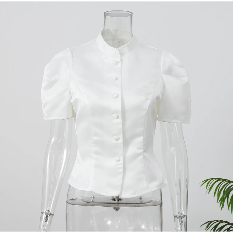 Elegant White Lantern Sleeve Shirt Women's Sexy Solid Stand Collar High Waist Slim Shirts 2026 New Lady Tops Commute Outerwears