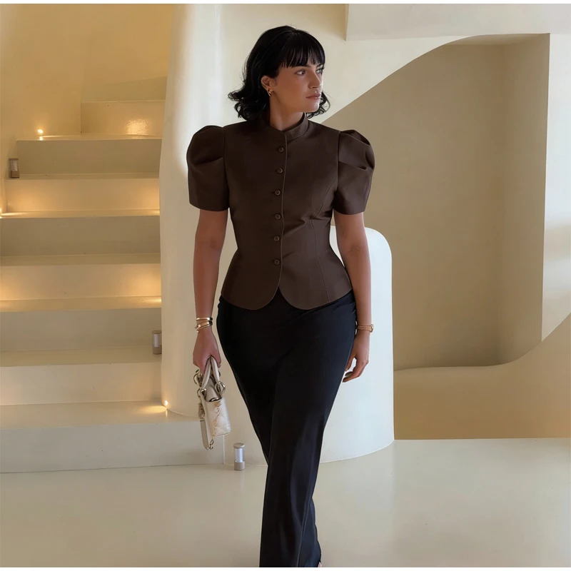 Elegant White Lantern Sleeve Shirt Women's Sexy Solid Stand Collar High Waist Slim Shirts 2026 New Lady Tops Commute Outerwears