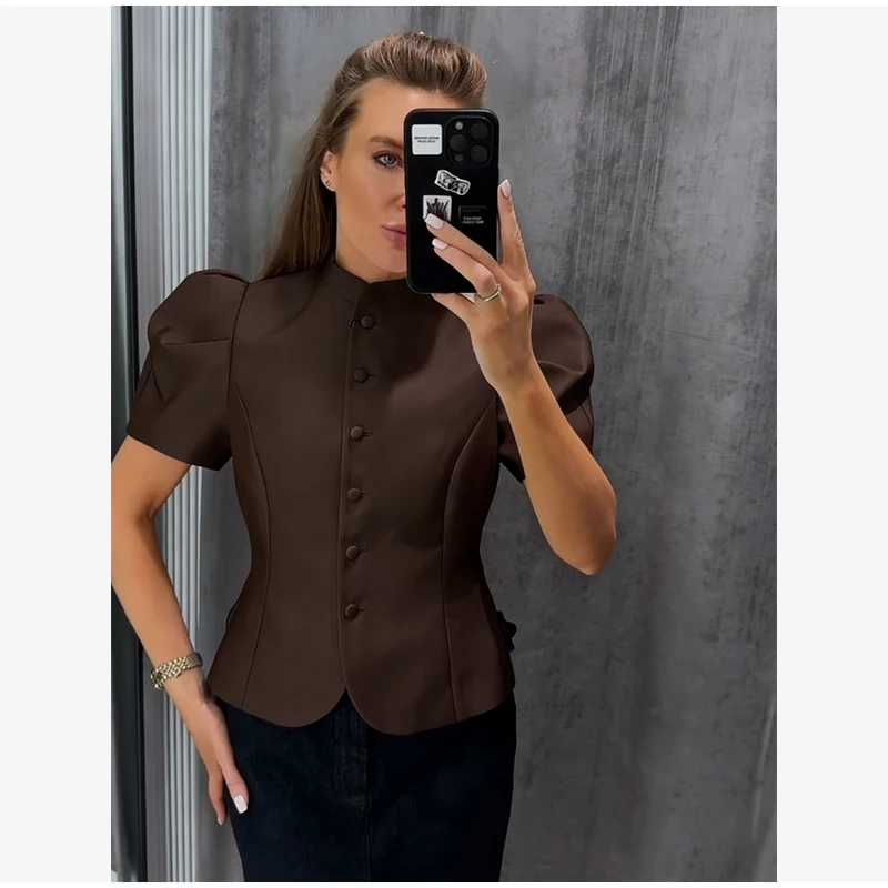 Elegant White Lantern Sleeve Shirt Women's Sexy Solid Stand Collar High Waist Slim Shirts 2026 New Lady Tops Commute Outerwears