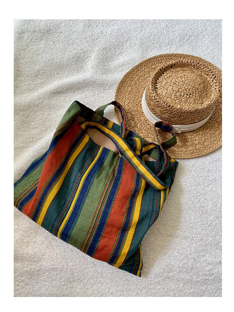 Ladies Bohemian Striped Linen Tote Bag Large Capacity Casual Shoulder Bag Daily Handbag for Daily Commute Shopping Travel