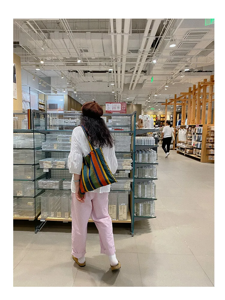 Ladies Bohemian Striped Linen Tote Bag Large Capacity Casual Shoulder Bag Daily Handbag for Daily Commute Shopping Travel