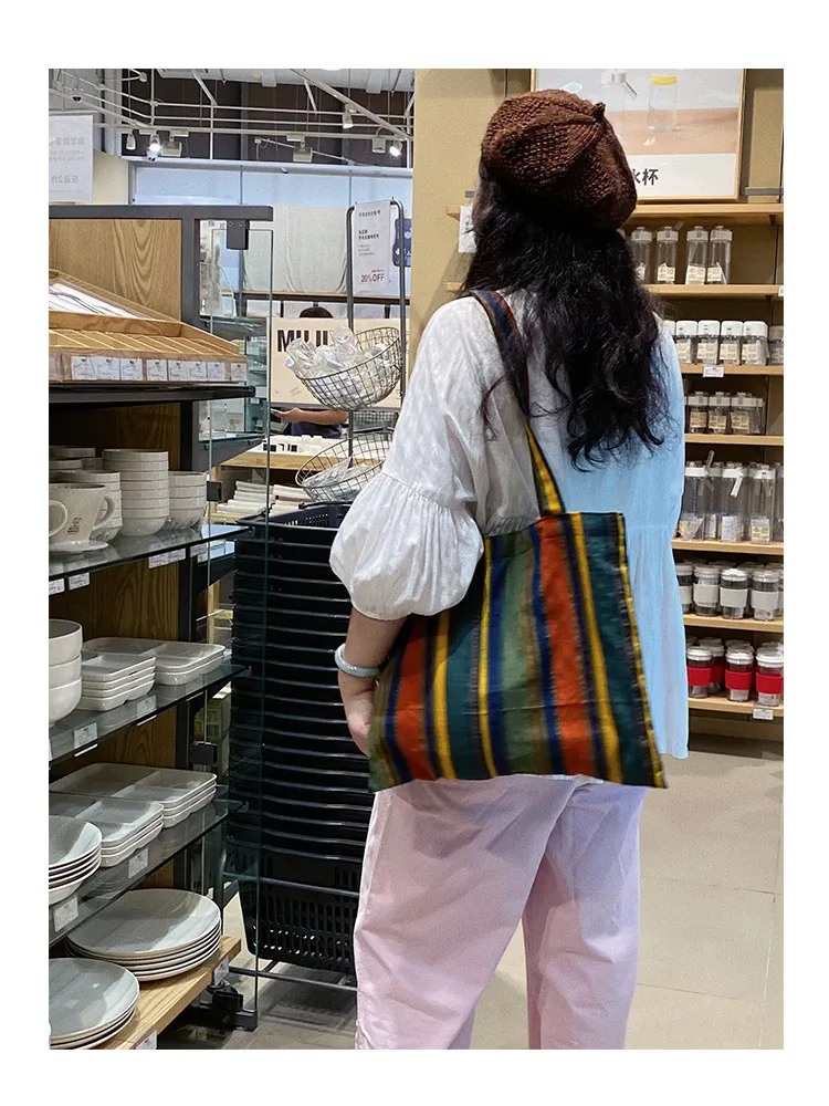 Ladies Bohemian Striped Linen Tote Bag Large Capacity Casual Shoulder Bag Daily Handbag for Daily Commute Shopping Travel