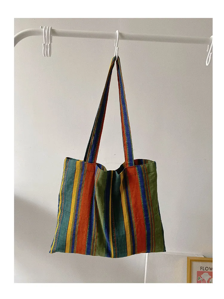 Ladies Bohemian Striped Linen Tote Bag Large Capacity Casual Shoulder Bag Daily Handbag for Daily Commute Shopping Travel