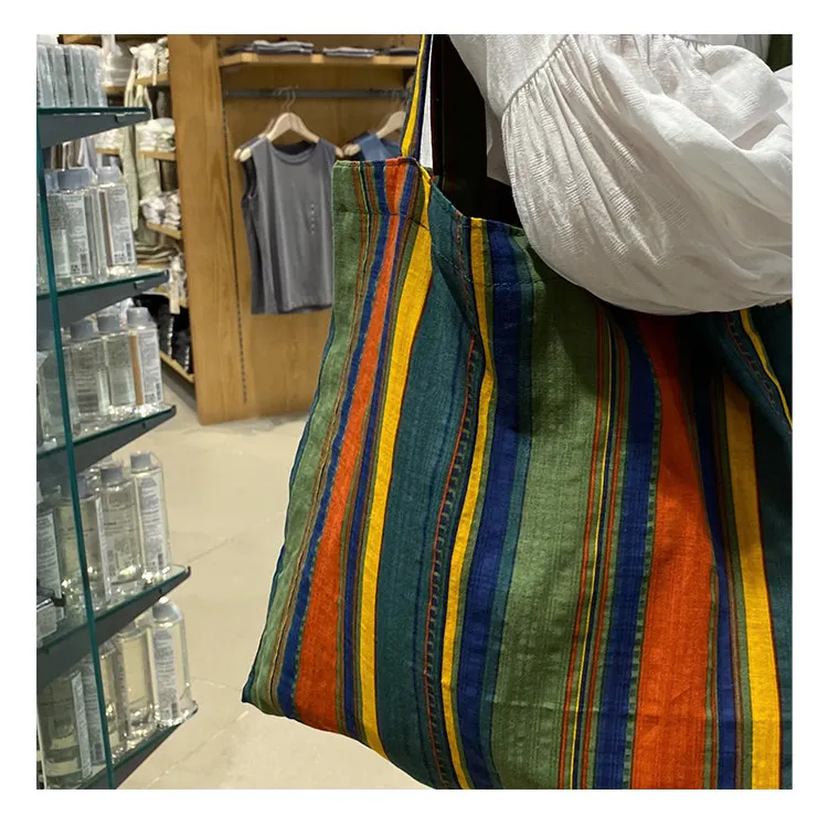 Ladies Bohemian Striped Linen Tote Bag Large Capacity Casual Shoulder Bag Daily Handbag for Daily Commute Shopping Travel