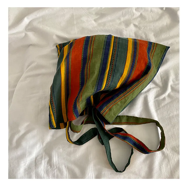 Ladies Bohemian Striped Linen Tote Bag Large Capacity Casual Shoulder Bag Daily Handbag for Daily Commute Shopping Travel