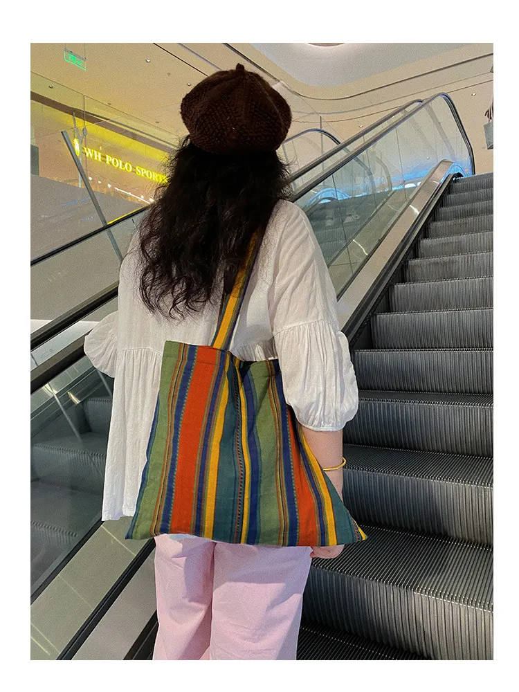 Ladies Bohemian Striped Linen Tote Bag Large Capacity Casual Shoulder Bag Daily Handbag for Daily Commute Shopping Travel