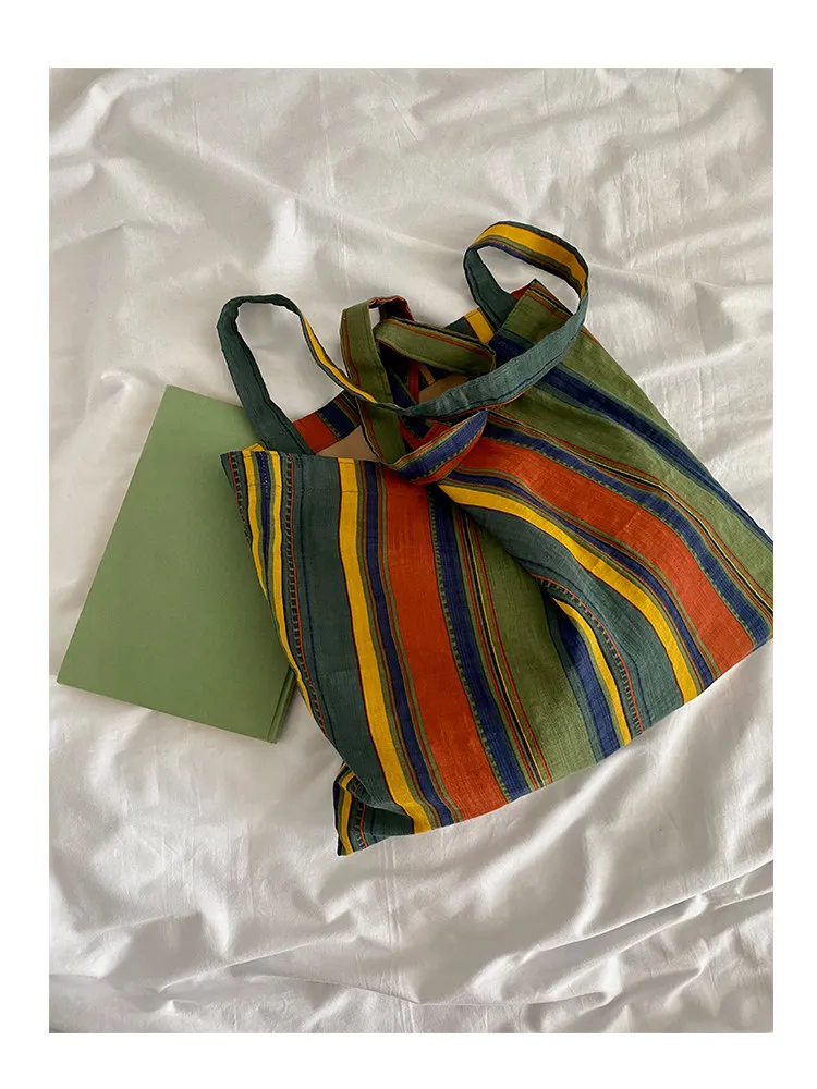 Ladies Bohemian Striped Linen Tote Bag Large Capacity Casual Shoulder Bag Daily Handbag for Daily Commute Shopping Travel