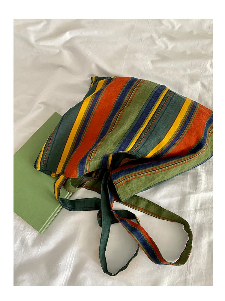 Ladies Bohemian Striped Linen Tote Bag Large Capacity Casual Shoulder Bag Daily Handbag for Daily Commute Shopping Travel