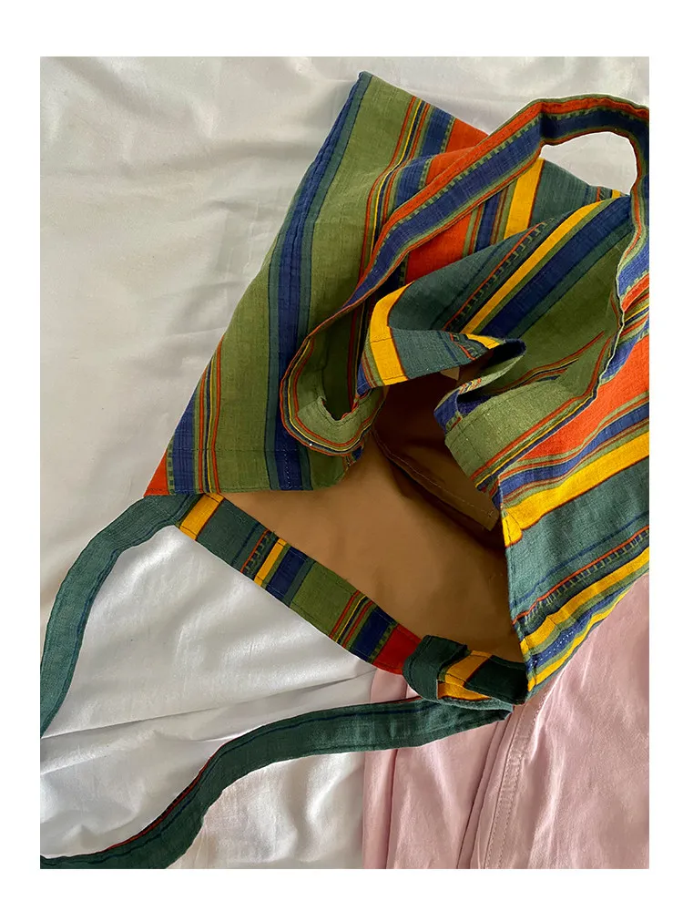 Ladies Bohemian Striped Linen Tote Bag Large Capacity Casual Shoulder Bag Daily Handbag for Daily Commute Shopping Travel