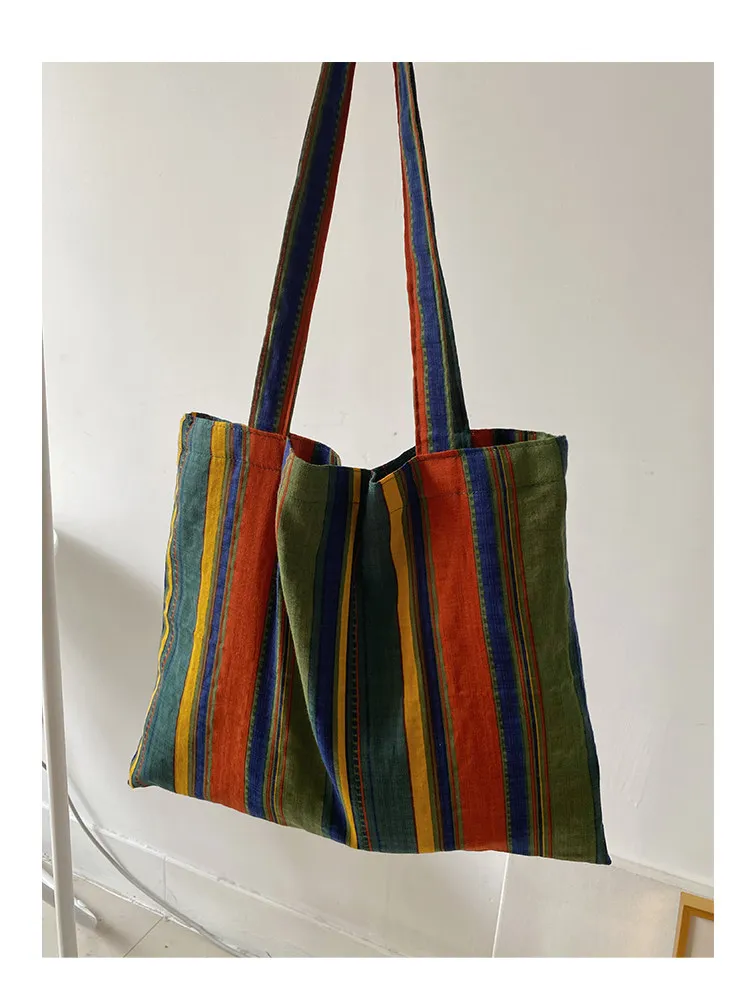 Ladies Bohemian Striped Linen Tote Bag Large Capacity Casual Shoulder Bag Daily Handbag for Daily Commute Shopping Travel