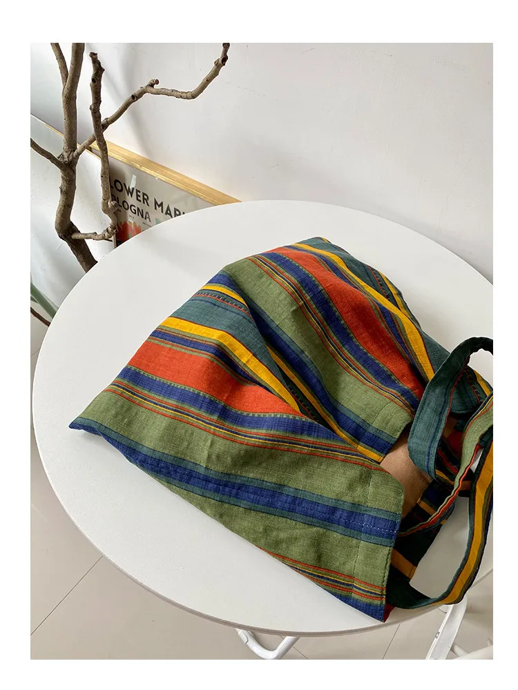 Ladies Bohemian Striped Linen Tote Bag Large Capacity Casual Shoulder Bag Daily Handbag for Daily Commute Shopping Travel