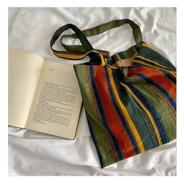 Ladies Bohemian Striped Linen Tote Bag Large Capacity Casual Shoulder Bag Daily Handbag for Daily Commute Shopping Travel