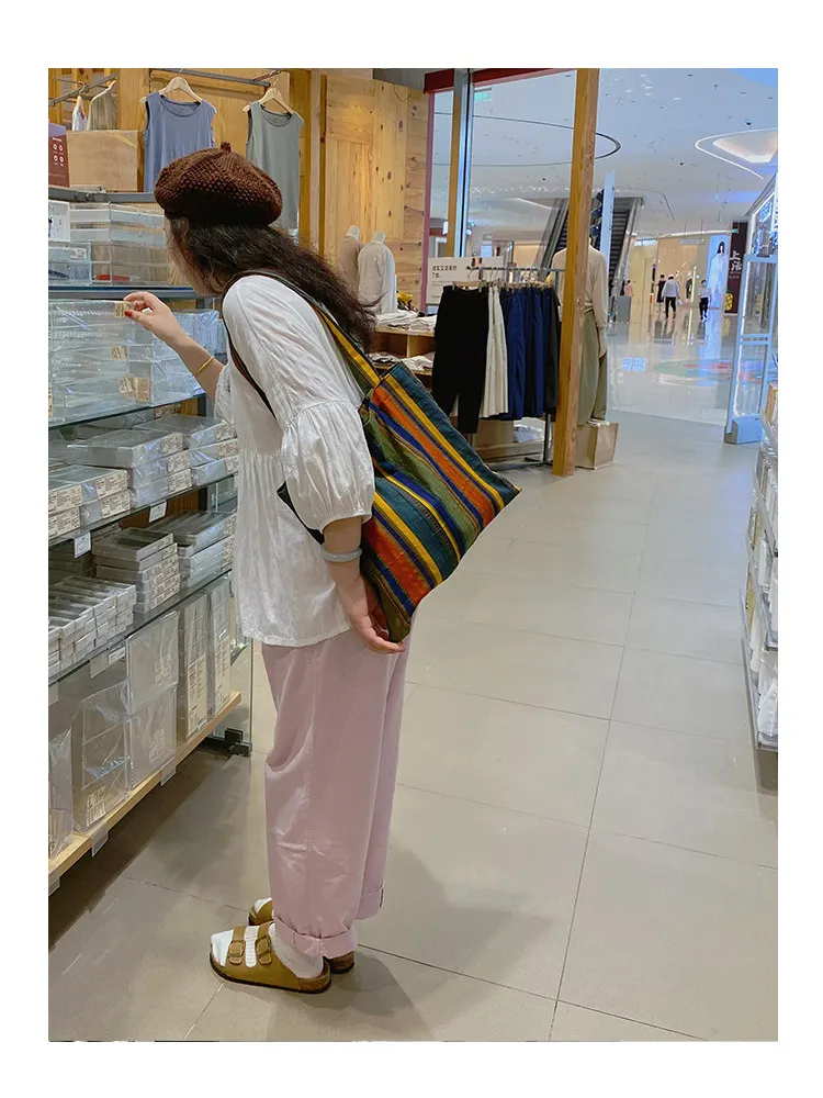 Ladies Bohemian Striped Linen Tote Bag Large Capacity Casual Shoulder Bag Daily Handbag for Daily Commute Shopping Travel