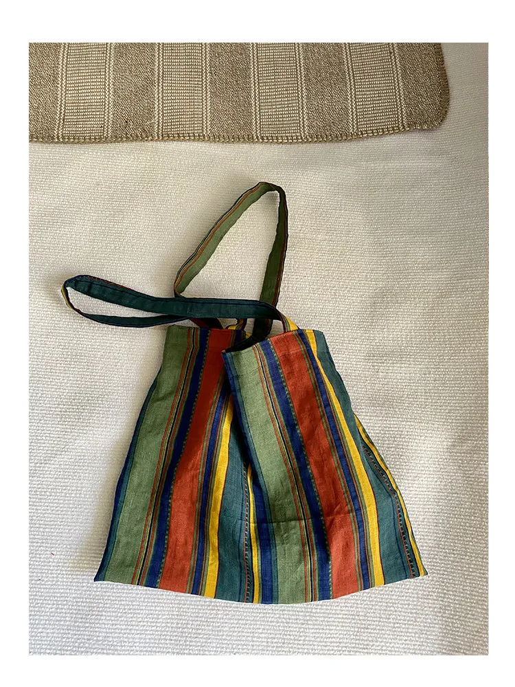 Ladies Bohemian Striped Linen Tote Bag Large Capacity Casual Shoulder Bag Daily Handbag for Daily Commute Shopping Travel