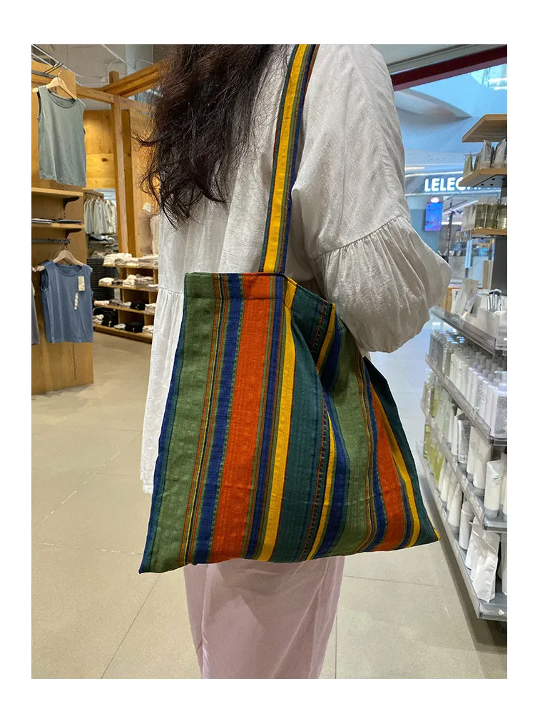 Ladies Bohemian Striped Linen Tote Bag Large Capacity Casual Shoulder Bag Daily Handbag for Daily Commute Shopping Travel