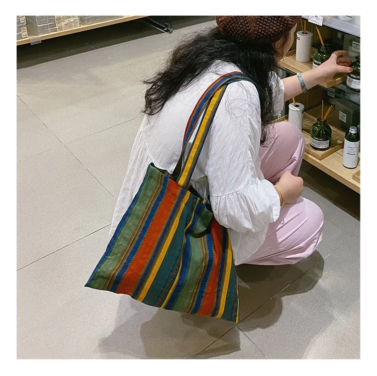 Ladies Bohemian Striped Linen Tote Bag Large Capacity Casual Shoulder Bag Daily Handbag for Daily Commute Shopping Travel