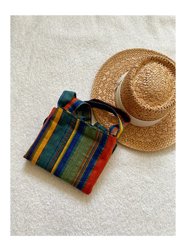 Ladies Bohemian Striped Linen Tote Bag Large Capacity Casual Shoulder Bag Daily Handbag for Daily Commute Shopping Travel