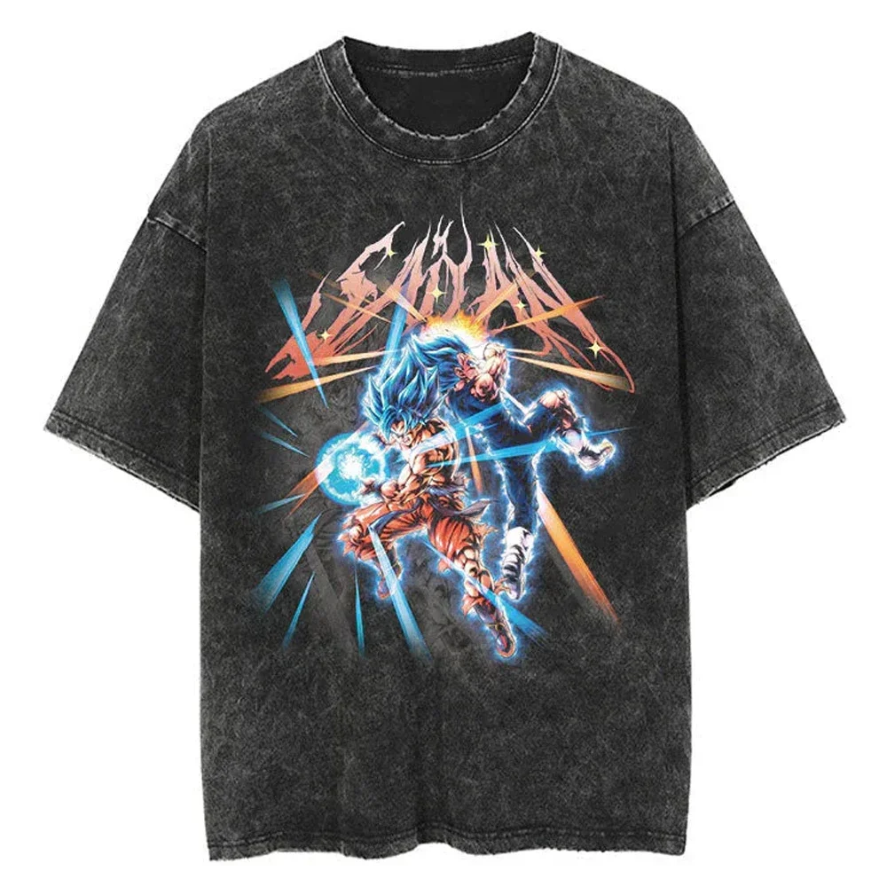 Hip Hop Streetwear Japan Anime Dragon Ball Print Oversized T-Shirt Men Washed Vintage Black Tshirt Summer Casual Cotton T Shirt
